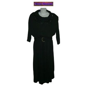 Vintage 80's Stuart Alan Black Belted Dress W Beaded Fringe Cowl Neck Plus Sz 16
